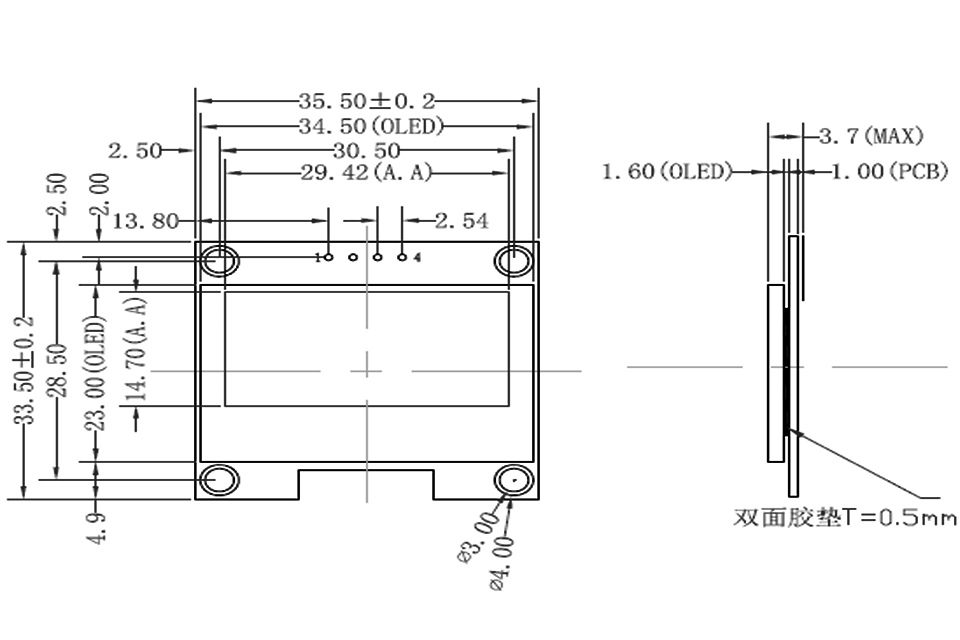 1.3 Inch OLED Module 4Pins Drawing