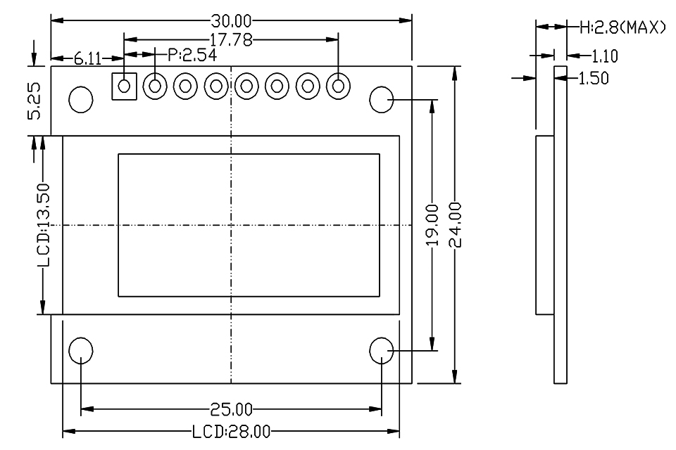 0.96 TFT Модуль Дисплей 8Pins Чертеж