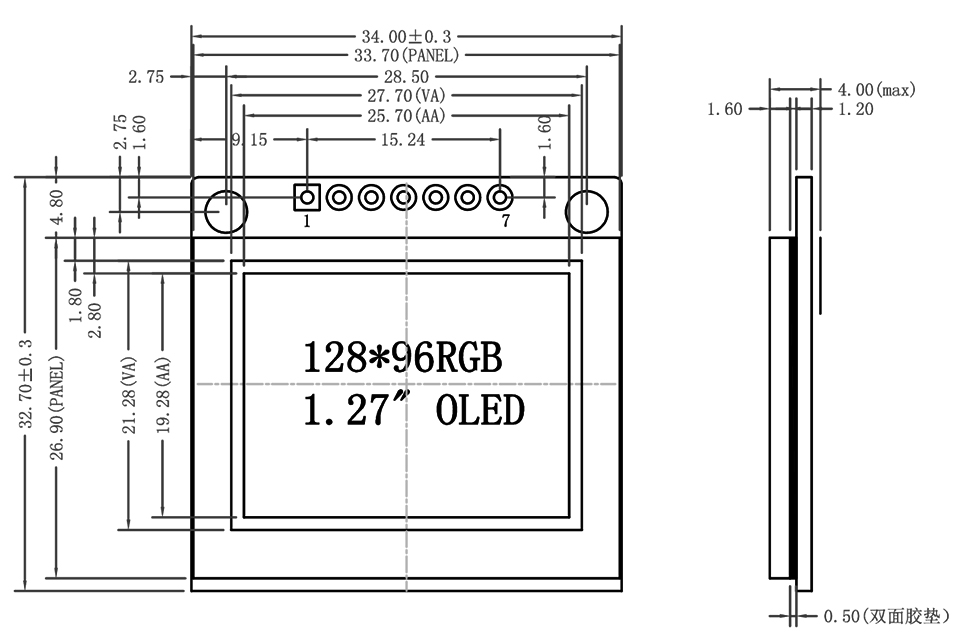 Чертеж цветного OLED-модуля 1,27 дюйма