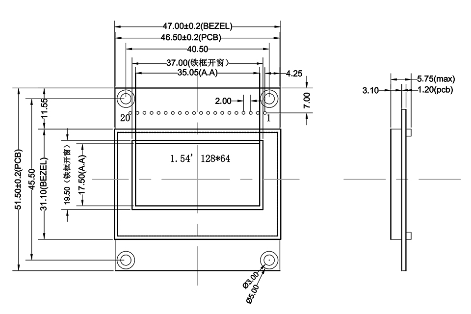 128x64 OLED-модуль Дисплей 1.54 Чертеж