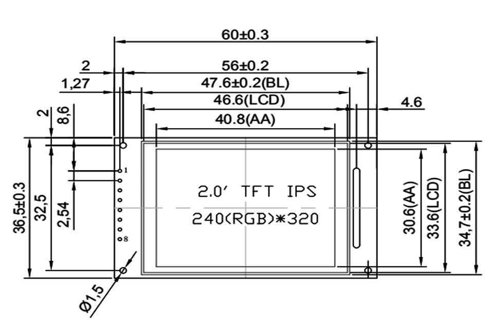 2.0-дюймовые TFT LCD модули 8Pins чертеж