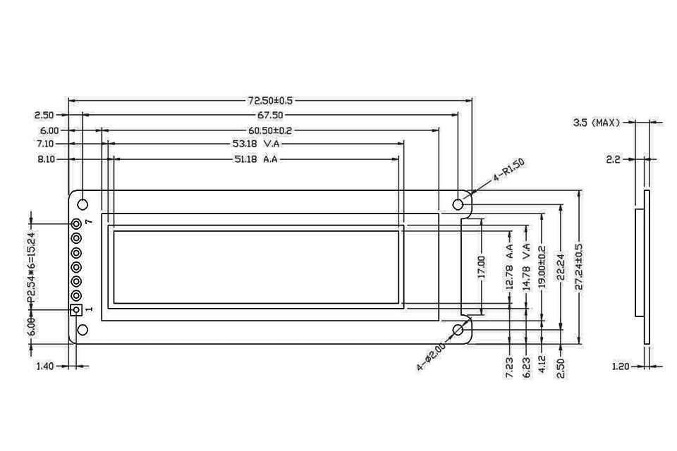 2,08-дюймовый OLED-модуль, экран, 7 контактов, чертеж