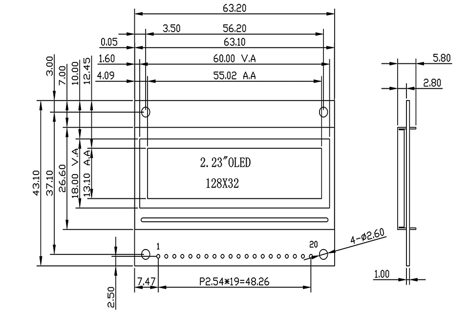 2,23-дюймовый OLED-модульный экран 20 контактов Чертеж