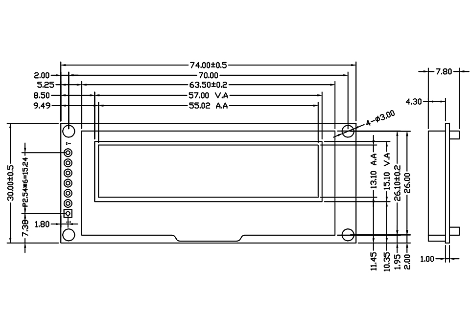 2,23-дюймовый OLED-экранный модуль 7 контактов, чертеж