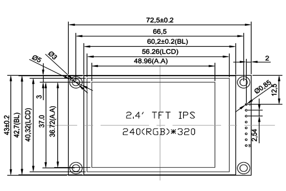 2,4-дюймовый TFT ЖК-экран, модули 8 контактов, чертеж