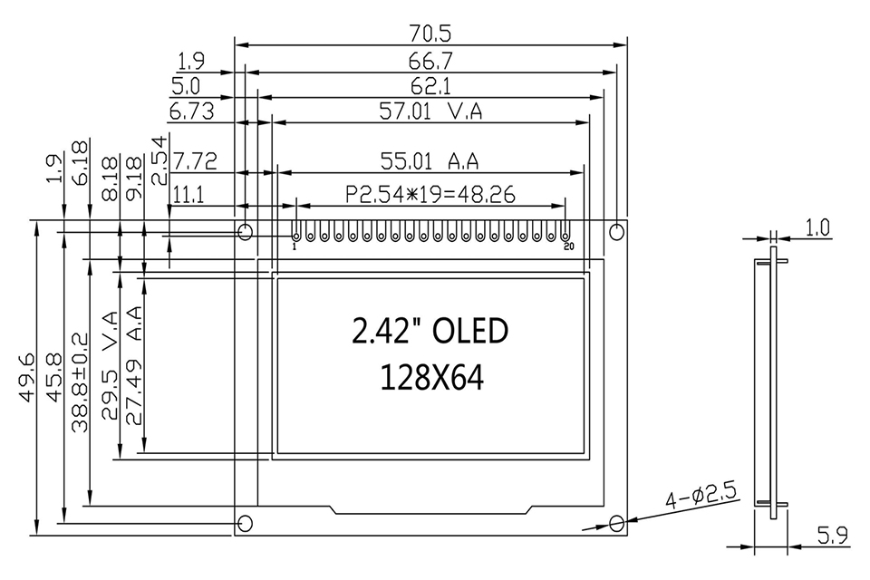 2,42-дюймовый OLED-дисплей, модуль, 20 контактов, чертеж