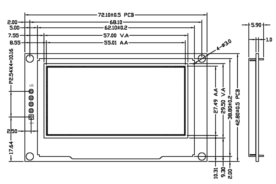 2,42-дюймовый OLED-модуль, дисплей, 5 контактов, чертеж