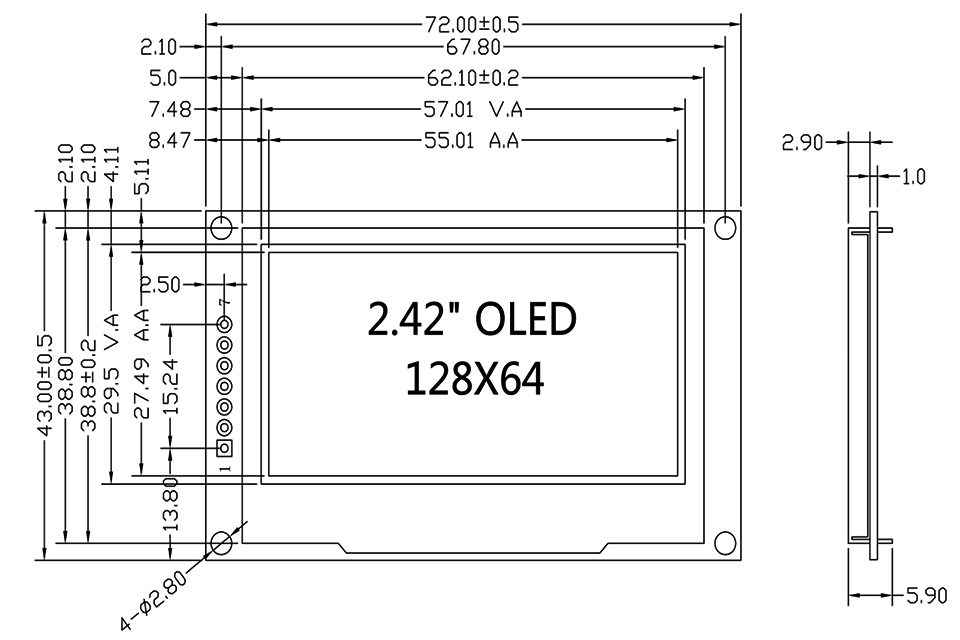 2,42-дюймовый OLED-модуль, дисплей, 7 контактов, чертеж