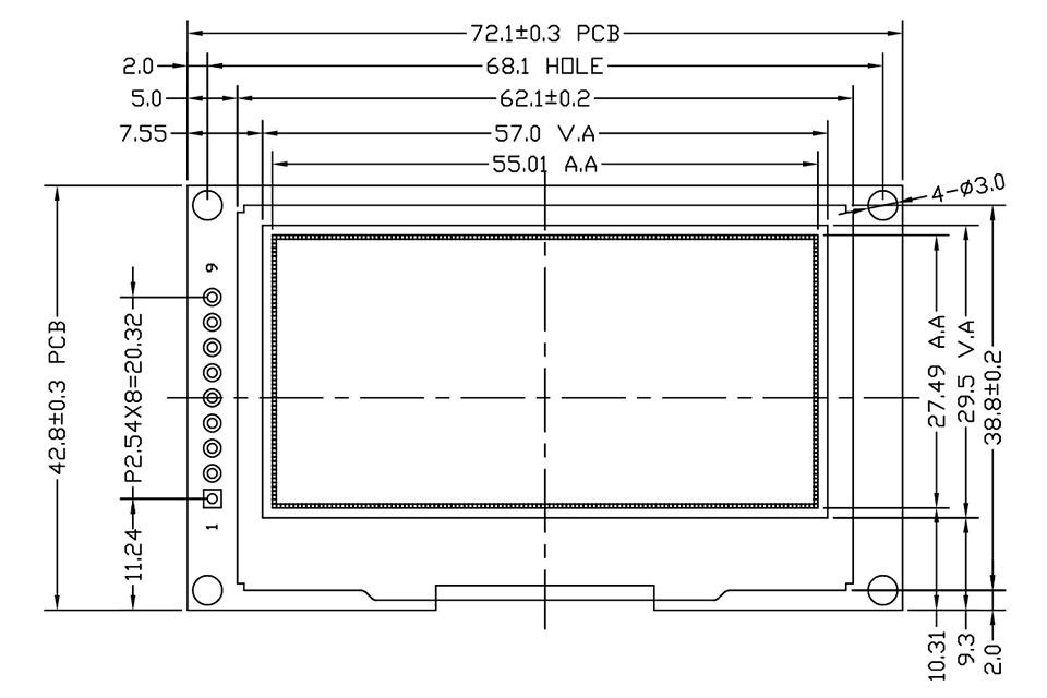 2,42-дюймовый OLED-модуль, 9-контактный чертеж