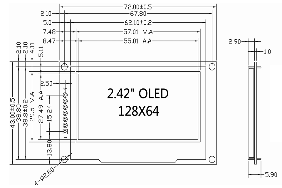 2,42-дюймовый OLED-модуль, дисплей, 7 контактов, чертеж