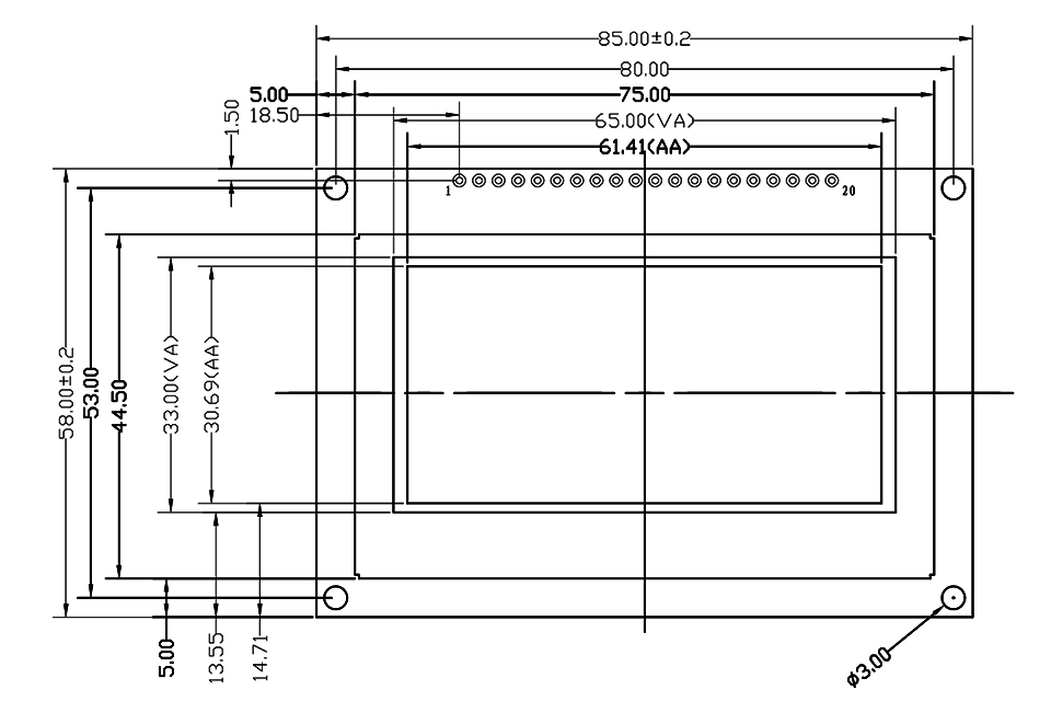 Чертеж 2,7-дюймового OLED-модуля дисплея