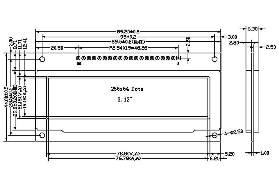 3.12 SSD1322 OLED модули 20Pins чертеж