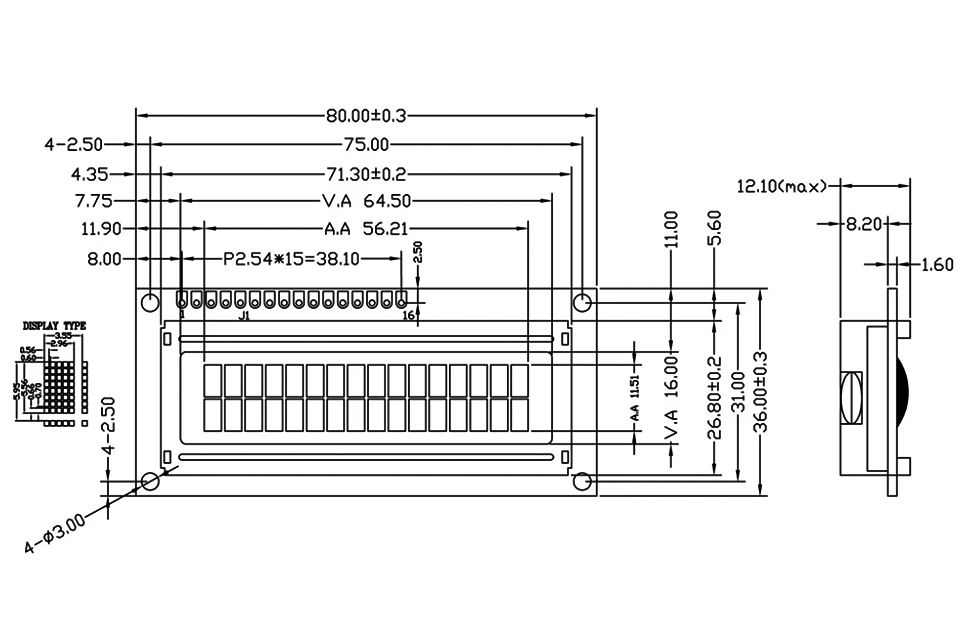 ציור תצוגת LCD בגודל 16x2 תווים